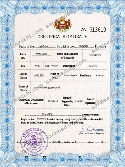 Monaco vital record death certificate PSD template